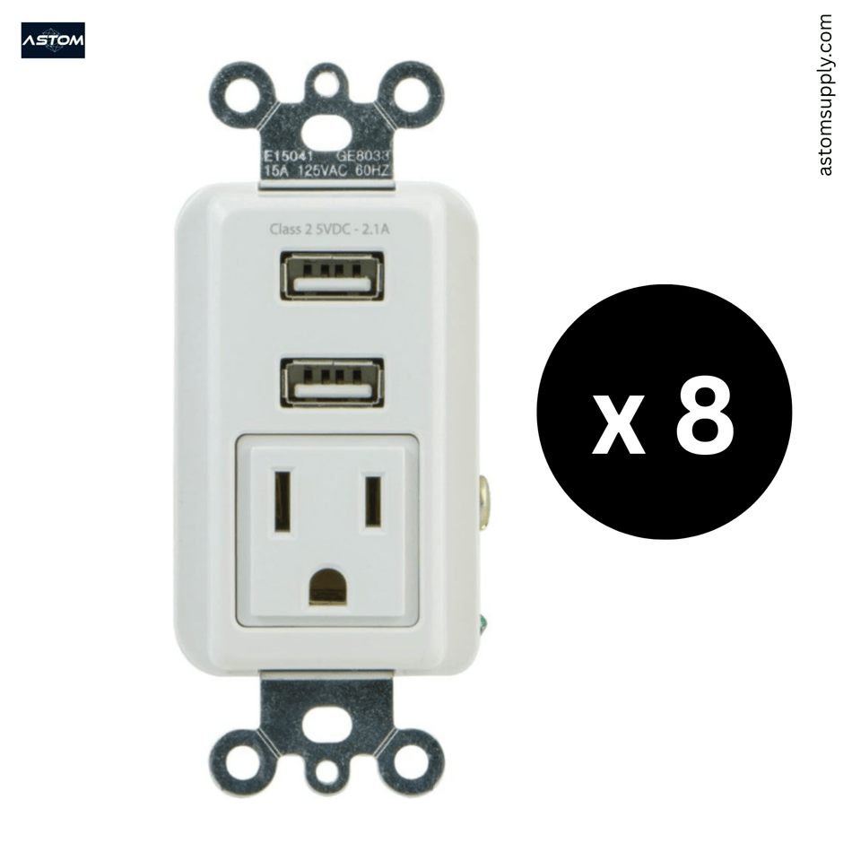 (Pack with 8 ) GE 25336 Wall Outlet Charger 2 USB Ports 2.1A + 1 AC 15A 125V