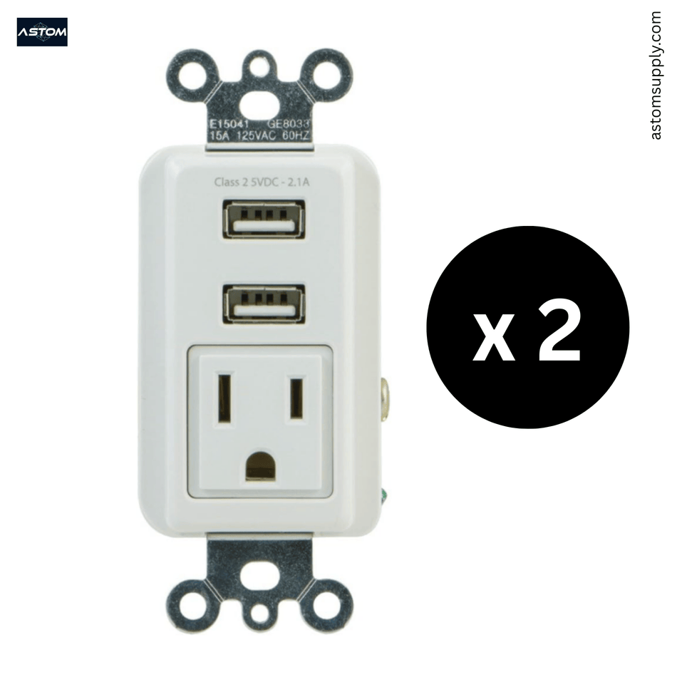 (Pack with 2 ) GE 25336 Wall Outlet Charger 2 USB Ports 2.1A + 1 AC 15A 125V