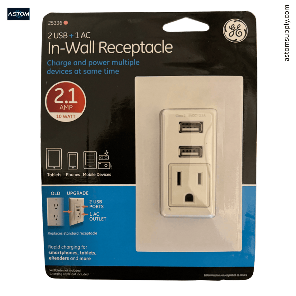 (Pack with 2 ) GE 25336 Wall Outlet Charger 2 USB Ports 2.1A + 1 AC 15A 125V