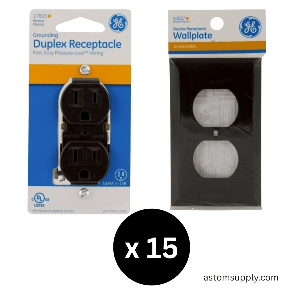 (Pack with 15) GE Duplex Receptacle 17805 & Wallplate 40037 – Brown – UL cULus